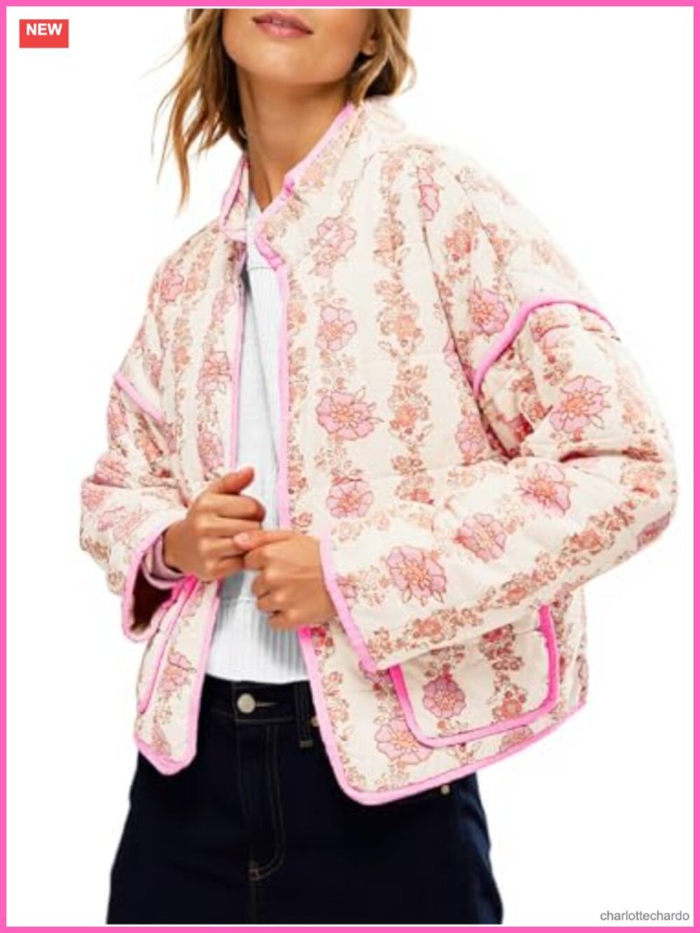 Quilted Lightweight Jacket Floral Print Open Front Padded Coat